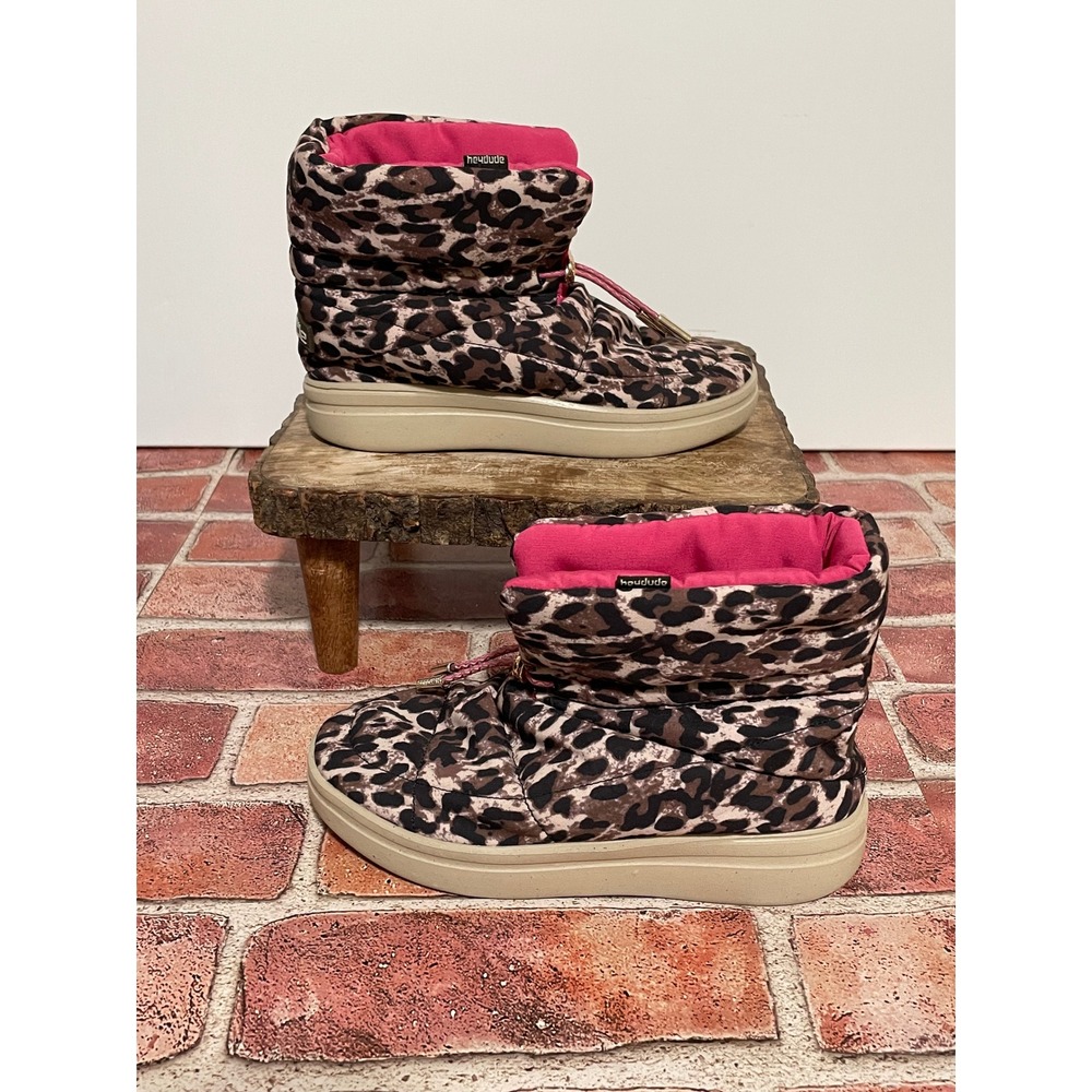 Hey Dude Margot Youth Eco Leopard Nut Puffy Boots Pink Lining Size 3 4 130471623